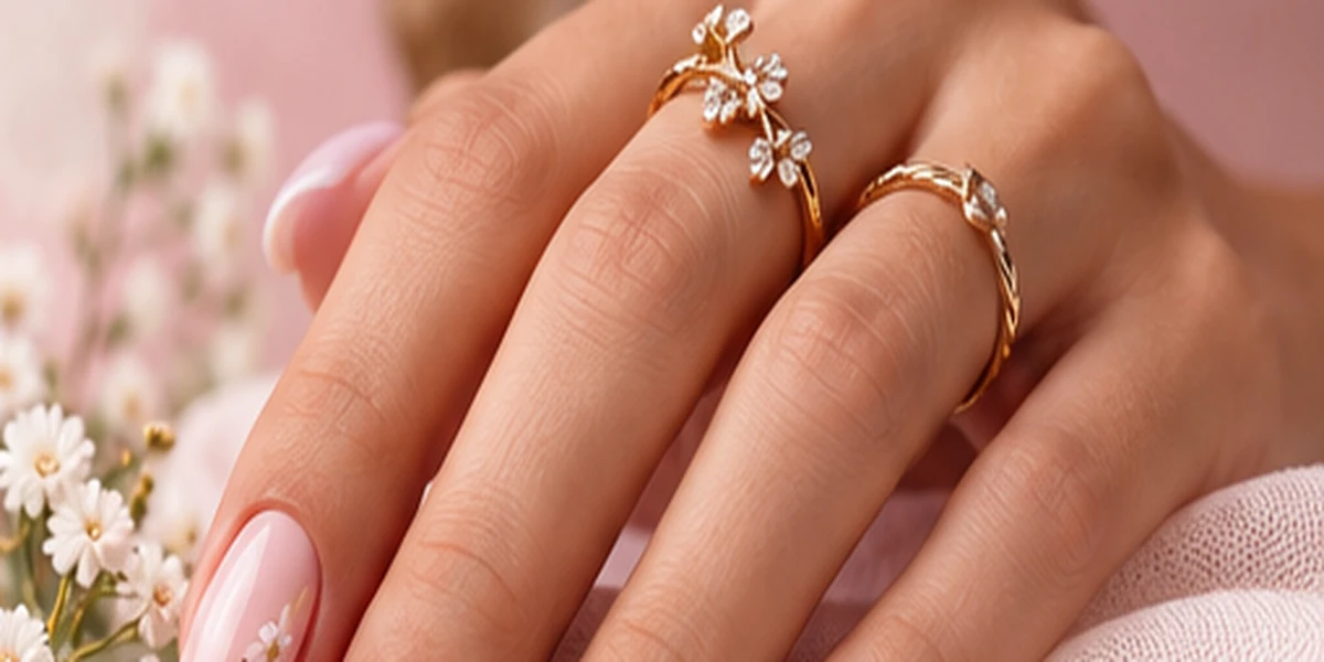 Delikatny różowy manicure ozdobiony kwiatowymi motywami